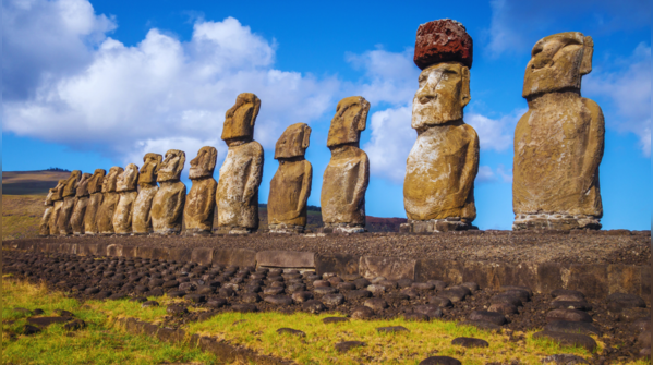 The mysterious Moai statues standing guard on Easter Island, Chile.