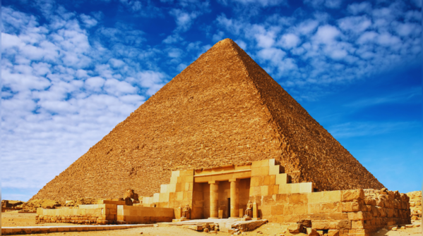 The iconic Pyramids of Giza rising from the sands of the Egyptian desert.