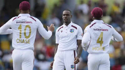 Jayden Seales celebrates a wicket against Australia.