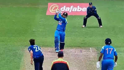 Vaibhav Suryavanshi hits a six during his innings.