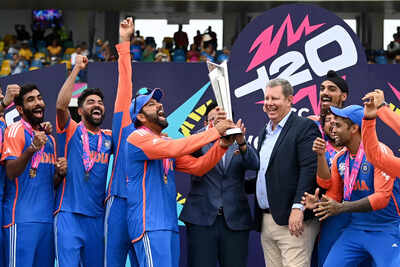 Rohit Sharma celebrates India's T20 World Cup victory.