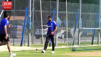 Jasprit Bumrah practices in the nets.