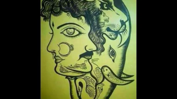 Intricate optical illusion with hidden animals.