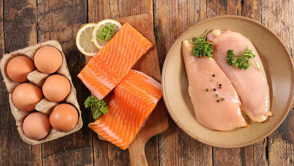 Selection of animal-based protein sources: meat, fish, eggs, and dairy