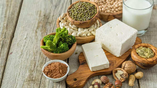 Selection of vegetarian protein options: legumes, tofu, nuts, seeds, and whole grains